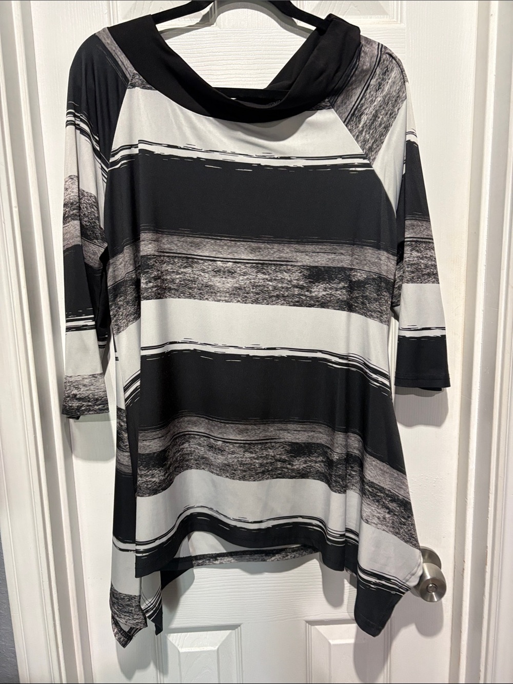 Draped Cowl Neck Black & White Striped Tunic